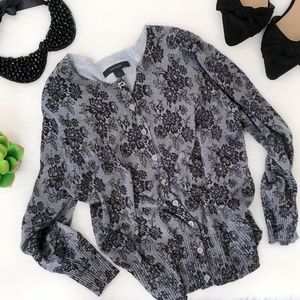 Express Gray & Black Lace Print Cardigan Sweater